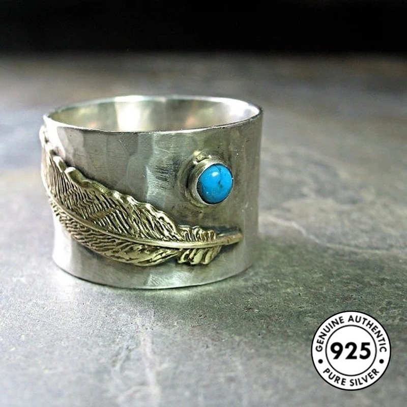 Cincin S925 Silver Bentuk Bulu Bunga Matahari Turquoise Gaya Vintage