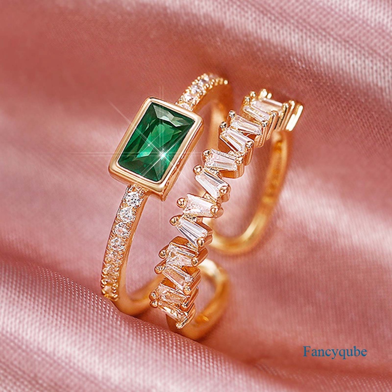 Cincin Model Terbuka Adjustable Hias Cubic Zircon Hijau Gaya Vintage Untuk Wanita 2022