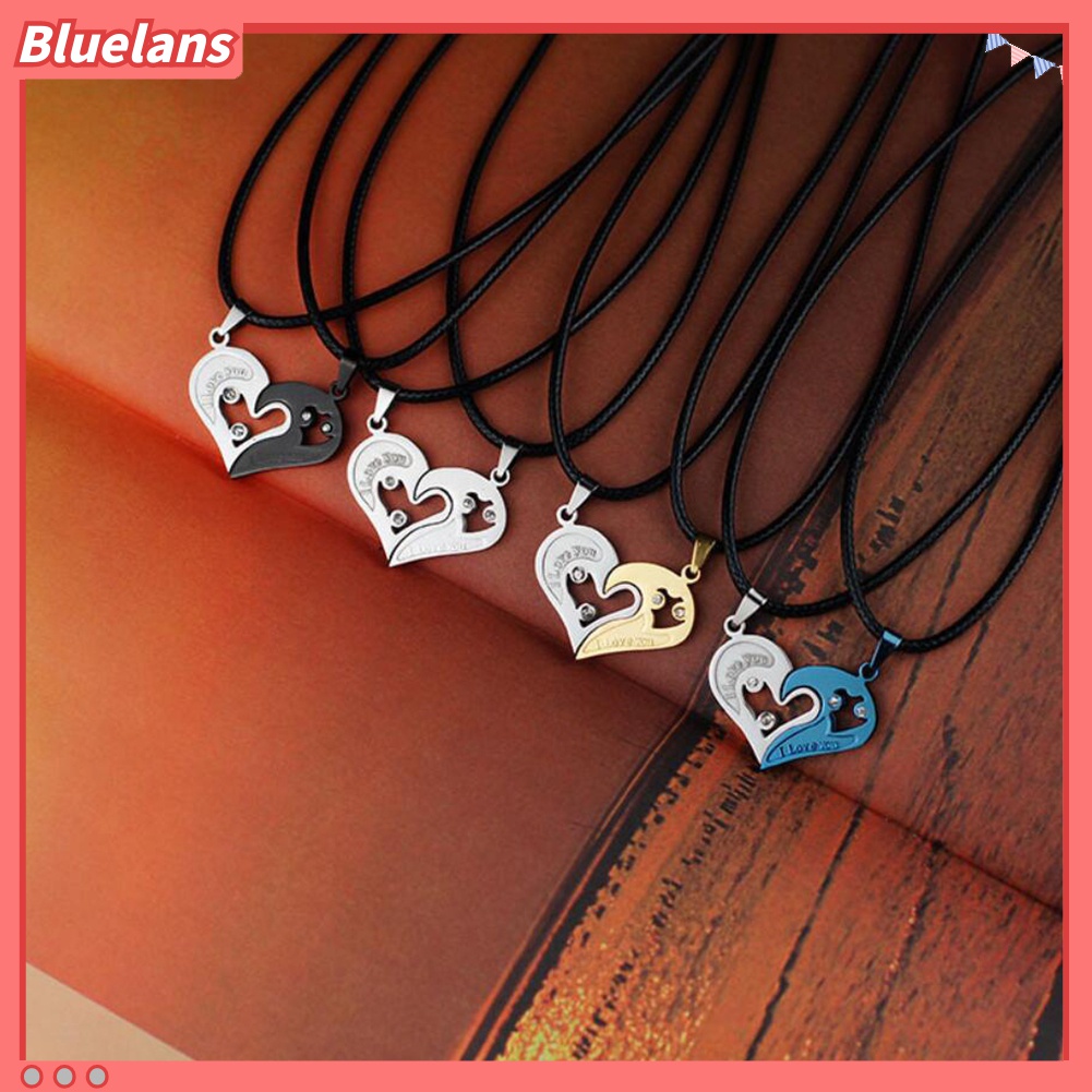 2pcs / Set Kalung Liontin Hati Tulisan I Love You Aksen Berlian Imitasi Untuk Pasangan