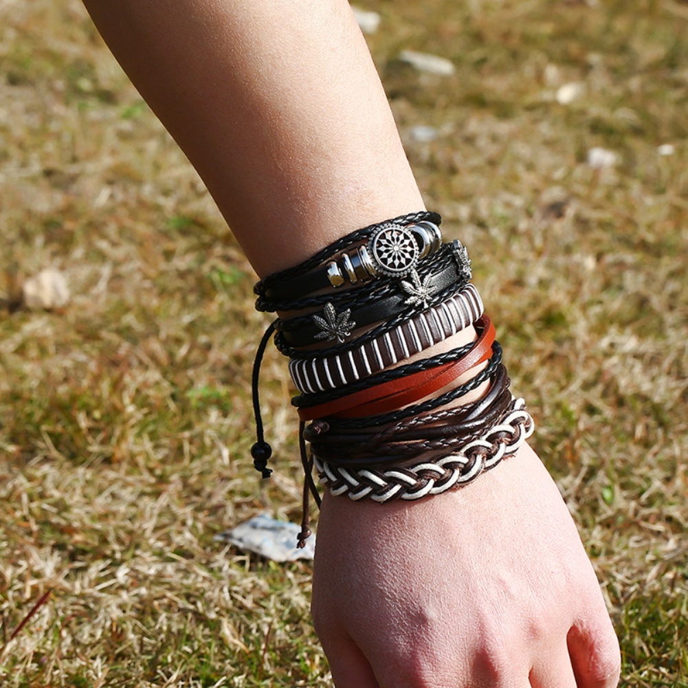 Hu Hu Hu Hu Hu Alat Bantu Pasang Kacamata♡ 6pcs Gelang Tangan Kulit Imitasi Gaya Retro Hip Hop Punk Aksen Tengkorakdaun Untuk Pria