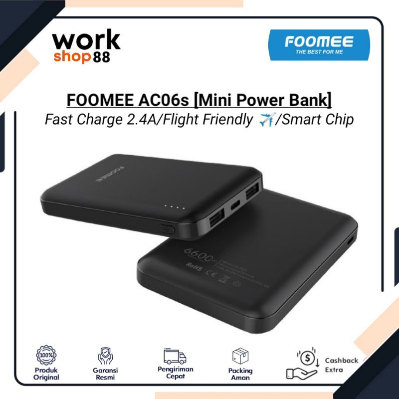 Baru FOOMEE AC06S Mini Power Bank 6600 mAh 2 output USB 2.4A Fast Charging - New Original Garansi Re