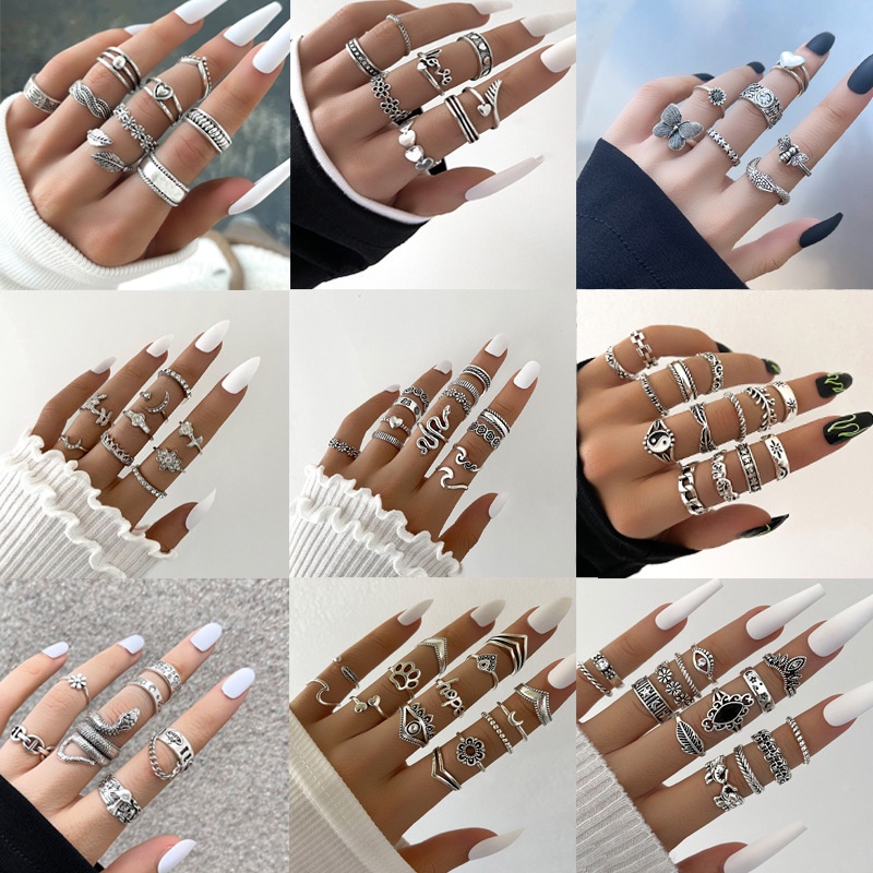 Set Cincin Rantai Ular Desain Kupu-Kupu Hati Warna Silver Gaya Vintage Gothic Punk Untuk Wanita