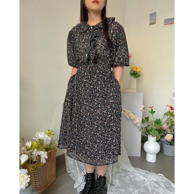 KANON - Touka Floral Dress - Dress kemeja hamil midi vintage motif bunga