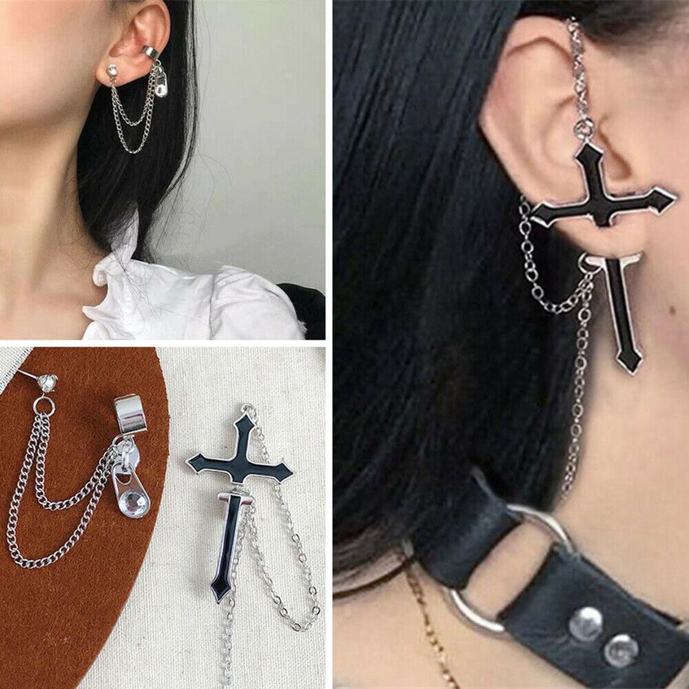 ROW 1PC Unisex Cross Earrings Party Jewelry Zipper Dangle Drop Long Chain Stud Earrings European Style Fashion Brincos Vintage Punk