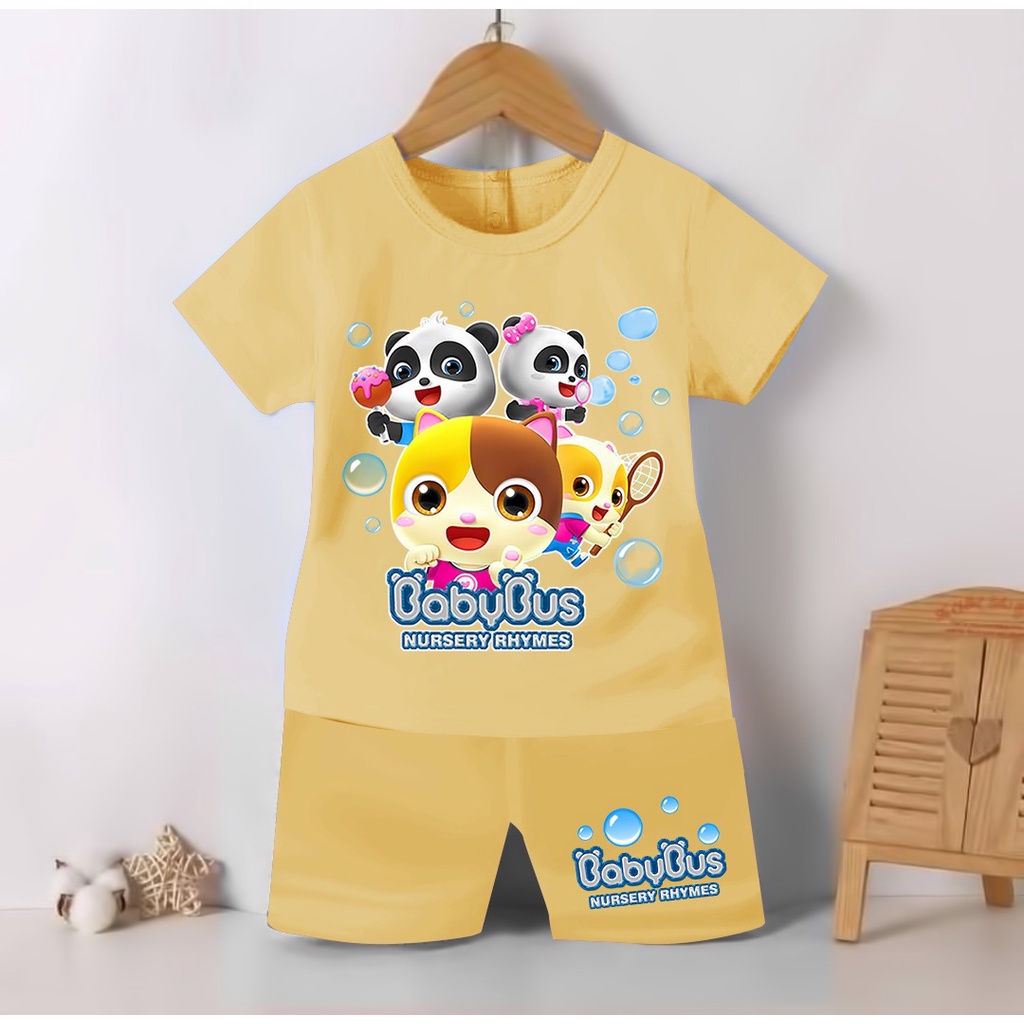 SETELAN BAJU ANAK COWO DAN CEWE MOTIF BABY BUS AND FRIEND  / SETELAN KAOS ANAK COWO DAN CEWE GAMBAR BABYBUS KIKI DAN MIU 1-7 TAHUN ( ASHERKIDS )-CREAM