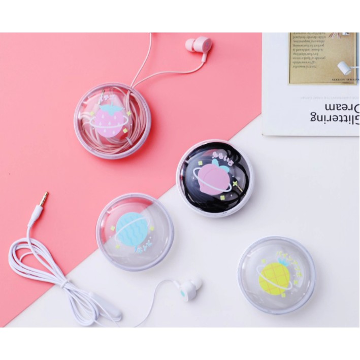 [XY-38] Set Headset Earphone Motif BUAH-BUAHAN Lucu / Wadah Earphone Transparan Bulat Kartun Fruits