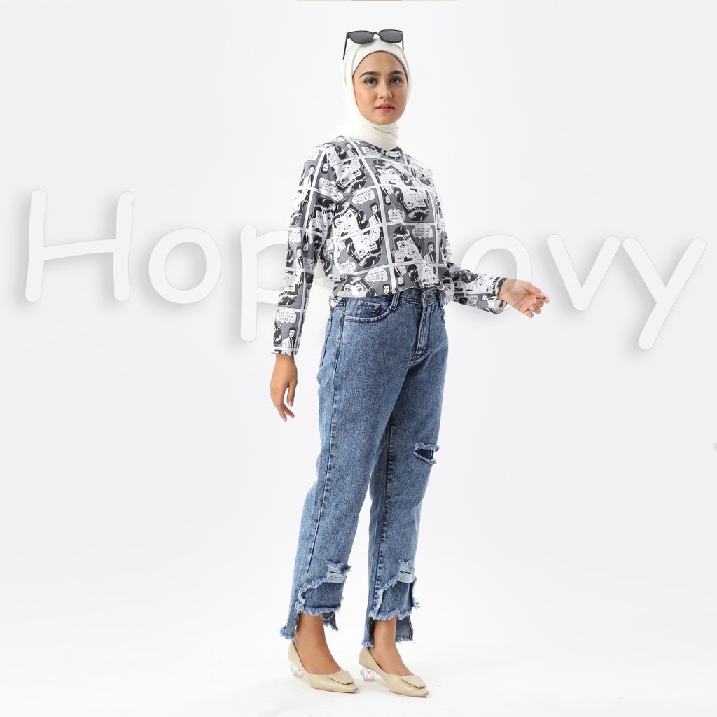 HOPYLOVY - Kaos Wanita Lengan Panjang Motif Printing Komika