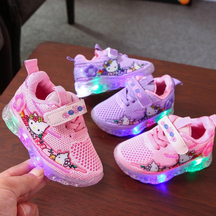 Sepatu Sneakers LED Anak Perempuan Motif Hello Kity Import 027