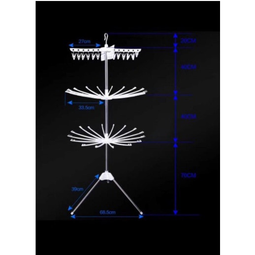 BELLA - RAK JEMURAN MENARA BAJU BAYI 3 SUSUN TRIPOD DENGAN HANGER ROTASI HANGER BAJU ANAK BAYI BABY HANDUK MENARA LIPAT