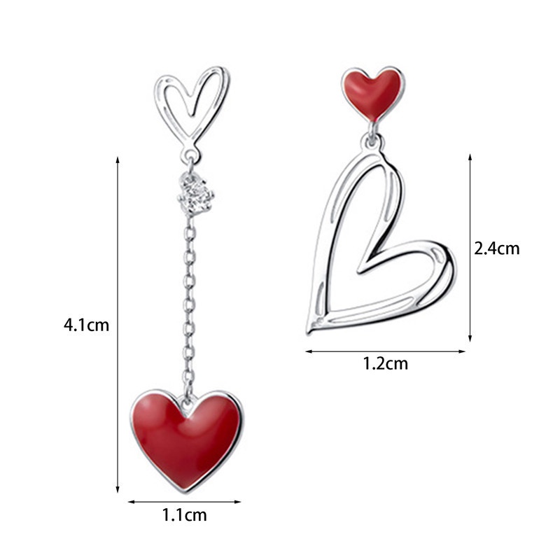 Fancyqube Anting Sterling Silver 925 Bentuk Hati Asimetris Warna Merah Untuk Wanita
