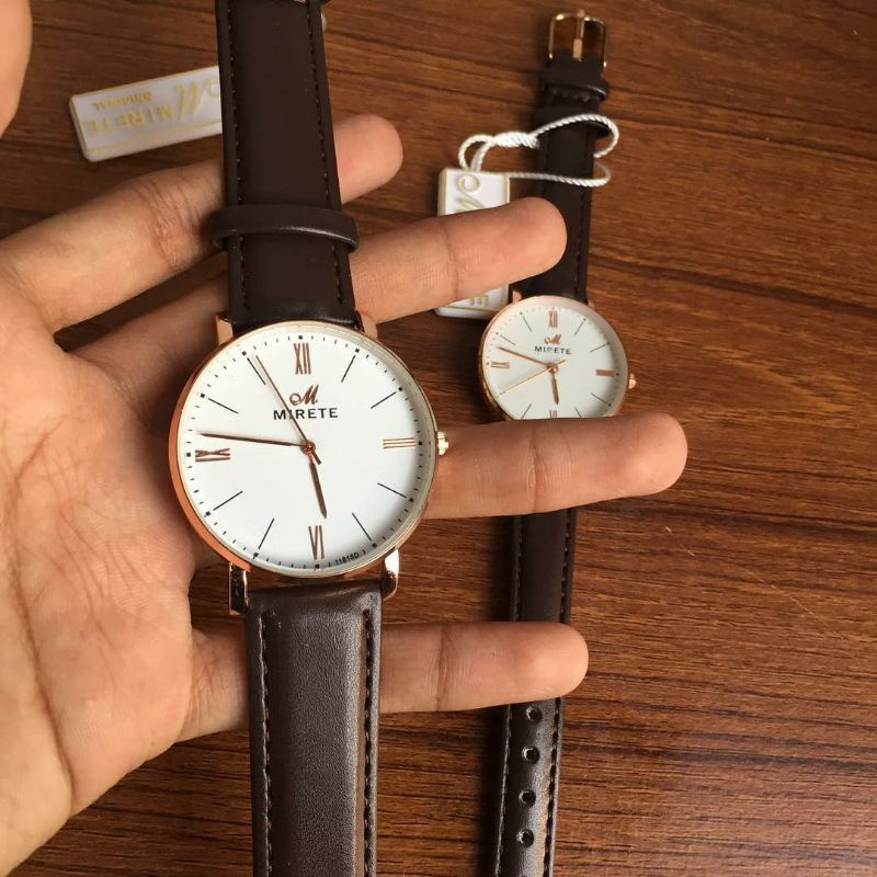 JAM COUPLE STRAP KULIT BISA SATUAN MIRETE ORI ANTI AIR PRIA WANITA JAM VIRAL STRAP KULIT WARNA HITAM