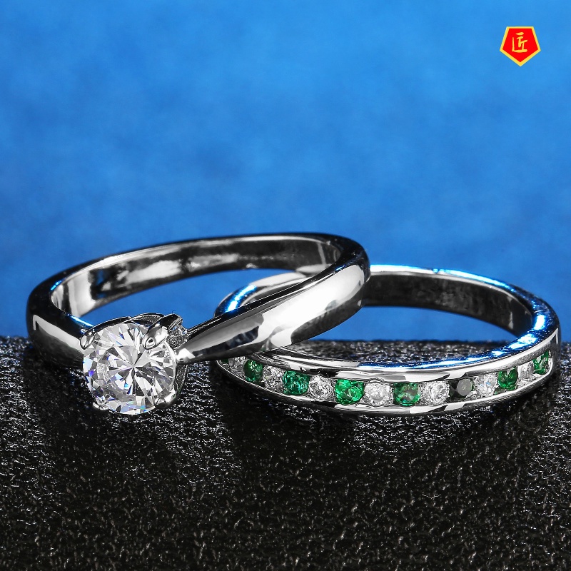 [Ready Stock]Simple Elegant Emerald Diamond Ring Set