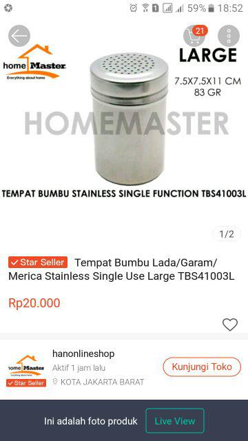 Homemaster Tempat Bumbu Lada/garam/merica Stainless Single Use Large Tbs41003l