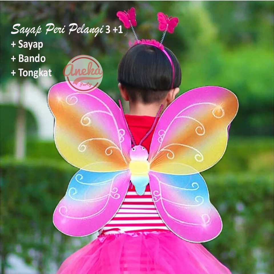 set mahkota peri pelangi / mahkota tongkat sayap kupu kupu rainbow / sayap ulang tahun peri pelangi