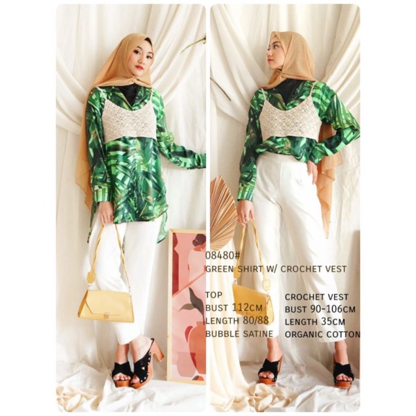 08480# green shirt w. crochet vest kemeja dan rompi rajut baju wanita muslim import terbaru new best