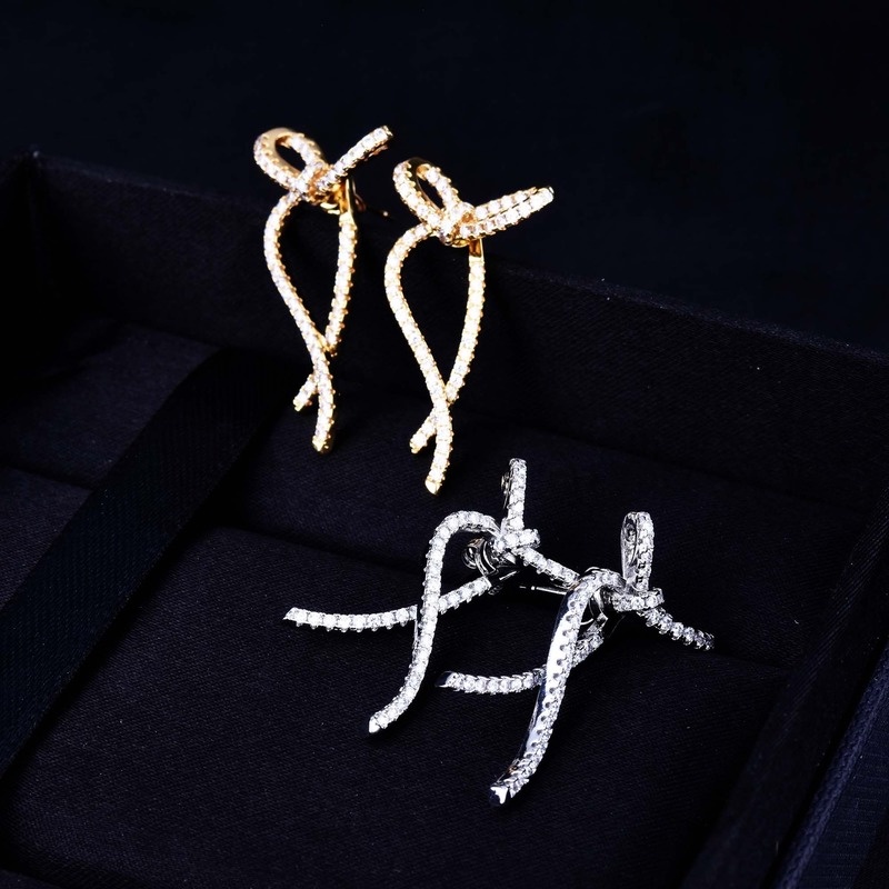 Fashion Design Simple Rhinestone Front and Back Ribbon Bowknot Stud Earrings