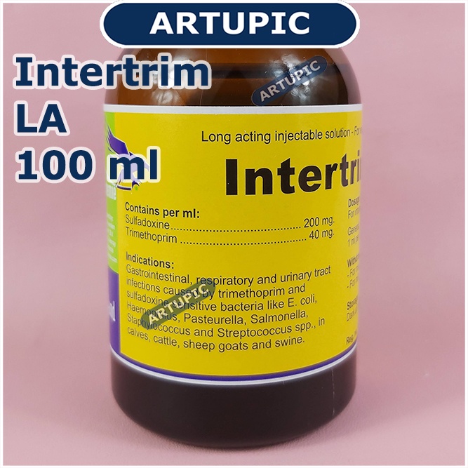 Intertrim LA 100 ml Obat infeksi pencernaan pernafasan perkencingan oleh bakteri Ecoli Haemophilus Pasteurella Salmonella Staphylococcus Streptococcus pada sapi kambing domba babi