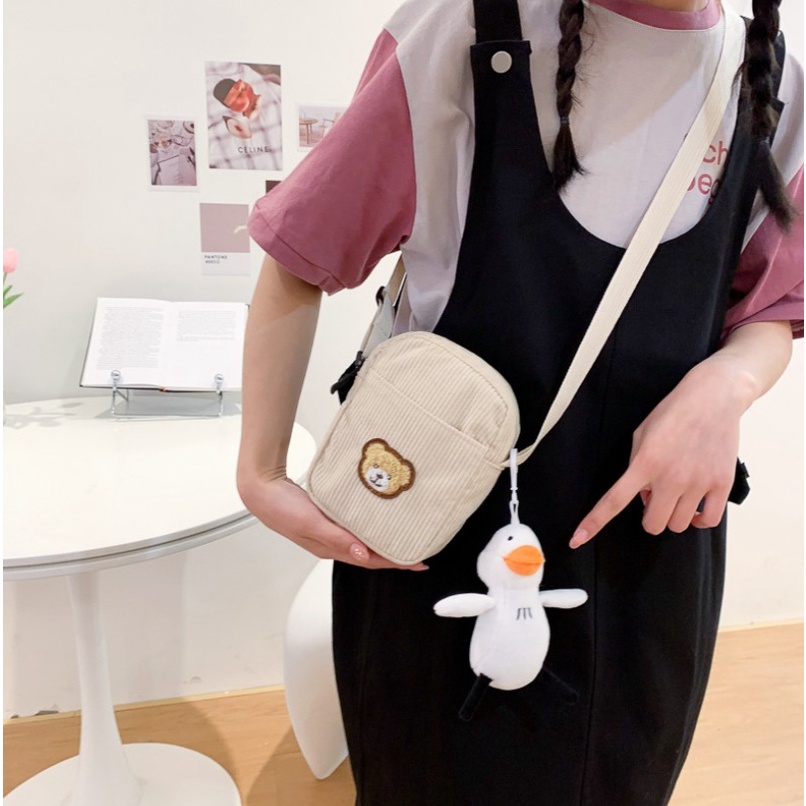 FINOM THEKLA - Tas Selempang Corduroy Mini Bear | Slingbag Wanita Remaja Cute Korean Style