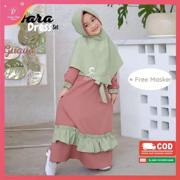 Gamis Anak Perempuan Aara Dress Set by Iswah Hijab Kids XS Guava Wanita Bahan Kenzo Crepe Premium