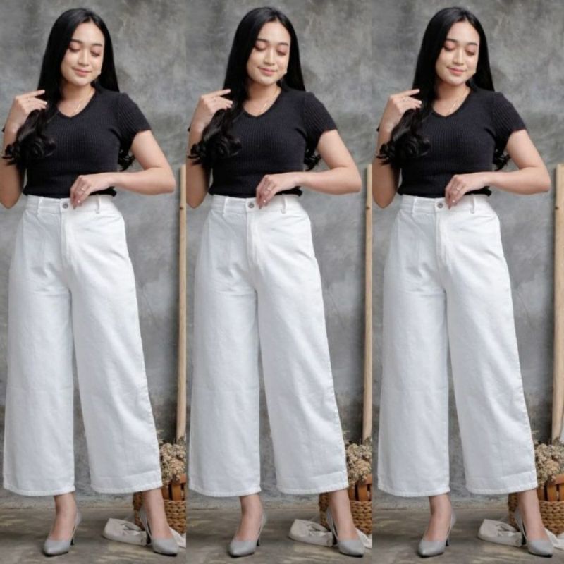 Korean Style New Celana Kulot Jeans Highwaist Wanita Loose Denim Jins Cewe Cewek Celana Cullote Cutbray Kekinian