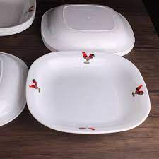 Piring Putih Motif Ayam Jago / Piring Segi Lily / Piring Makan Diameter 10 Cm