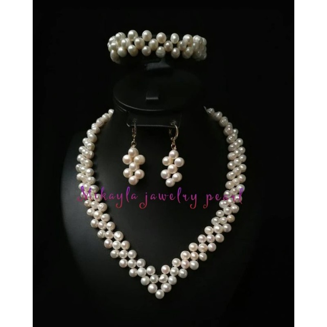 Perhiasan mutiara asli lombok|Mutiara tawar|Perhiasan lapis emas mutiara asli lombok|Set mutiara air