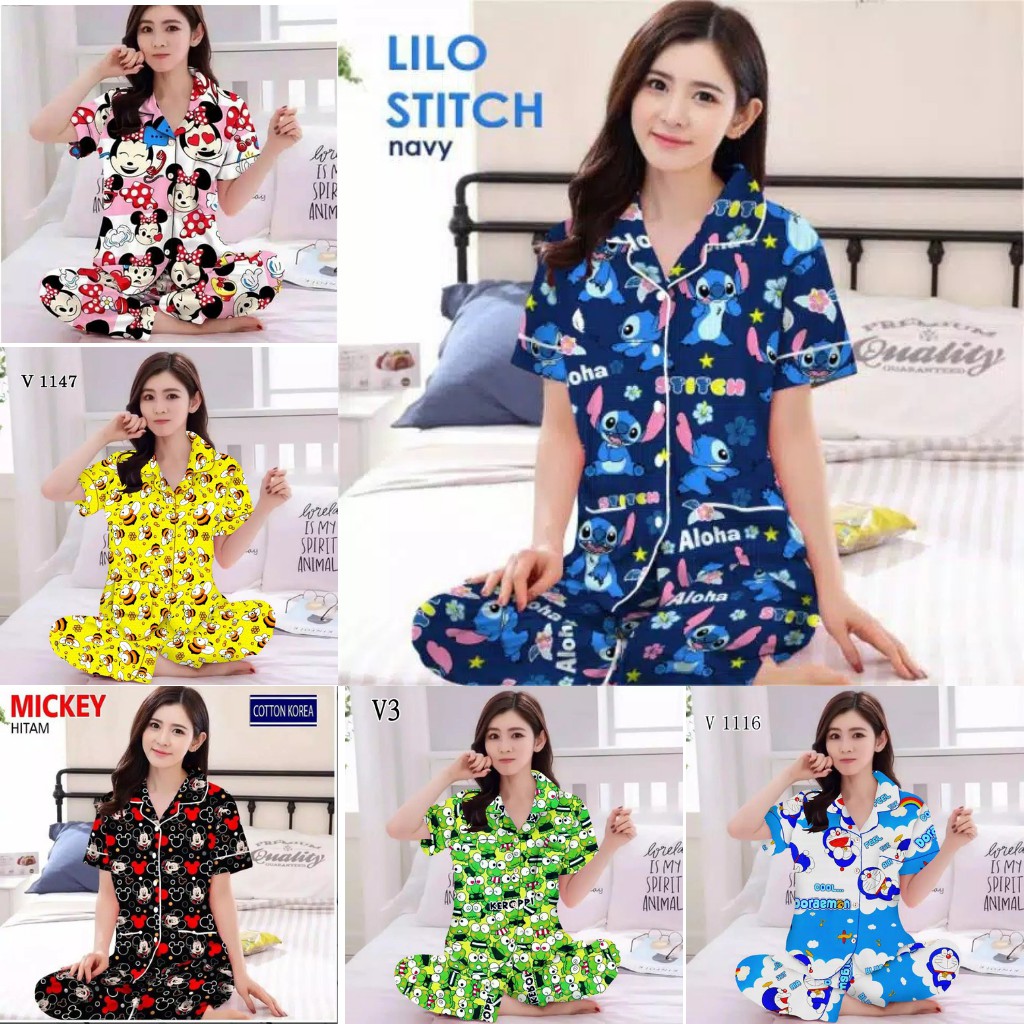 BJ - Piyama CP Wanita Murah - Bahan Katun - Baju Tidur Lengan Pendek Motif Karakter