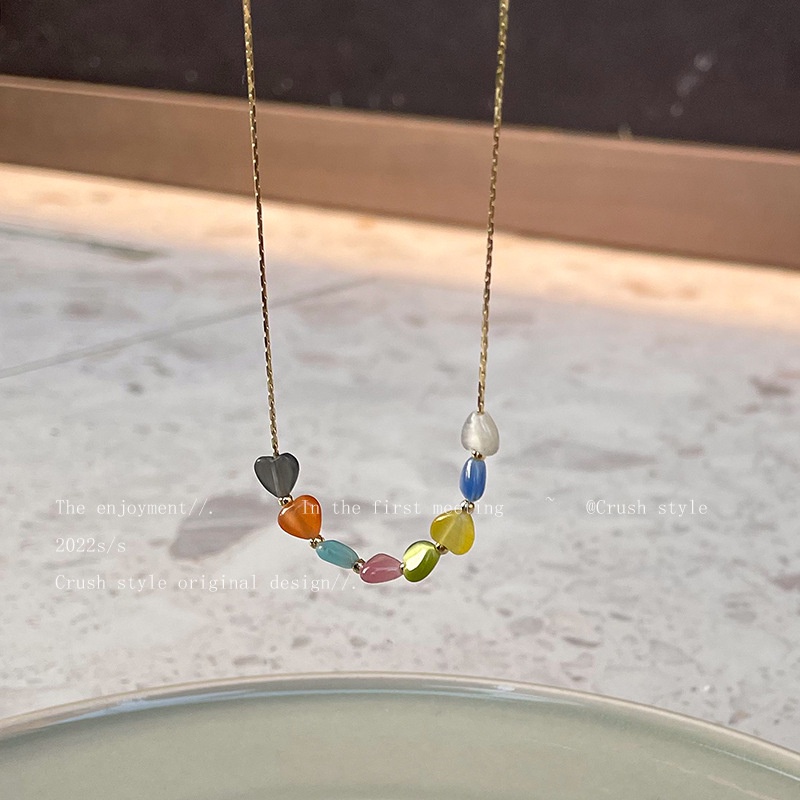 Kalung Rantai Klavikula Dengan Liontin Hati Warna-Warni Bahan Akrilik