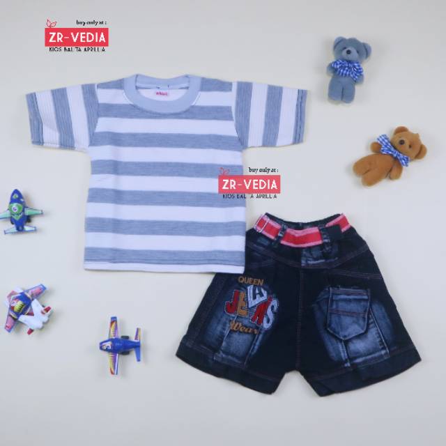 Setelan Salur Jeans uk 1-2 Tahun / Kaos Anak Murah Celana Jeans Murah Setelan Lengan Pendek Laki