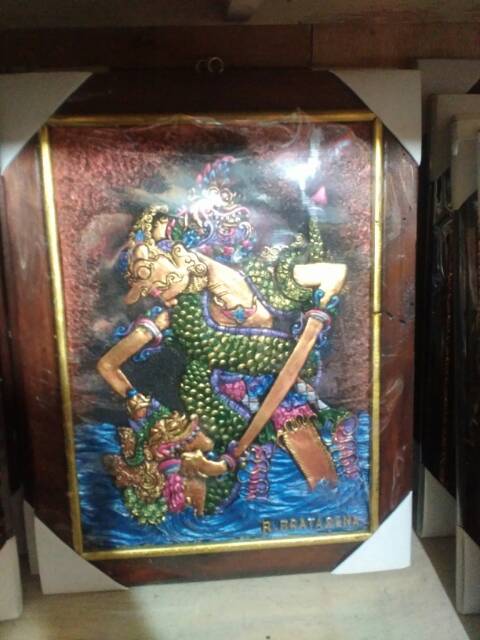 TERMURAH! Lukisan Timbul 3D Relief Gambar Wayang Raden Bratasena 42x32 cm Dekorasi Souvenir Jogja