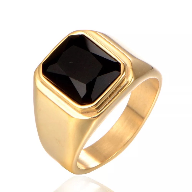 Cincin Pria Octagon Minimalis Batu Hitam Ring Gold Titanium Stainless Steel Anti Karat Tahan Luntur