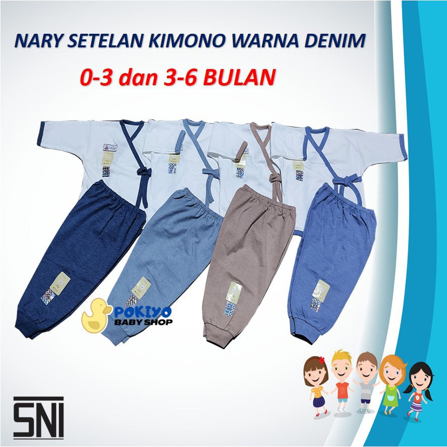 Nary Setelan Kimono Bayi Baju Panjang dan Celana Panjang List Denim Newborn dan 3-6 Bulan
