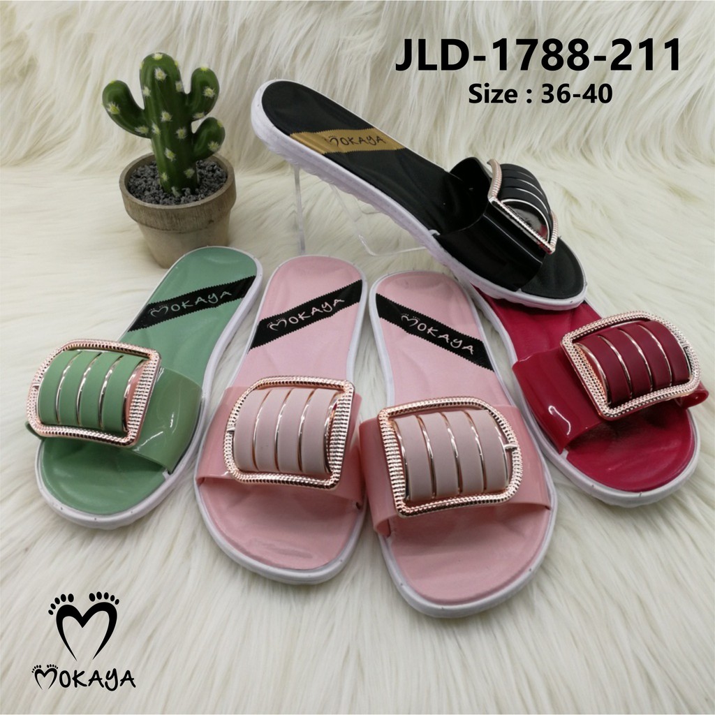 Sandal Slop Wanita Model Gesper Besar Garis Cantik Elegant Import Mokaya / size 36-40 (JLD-1788-211)