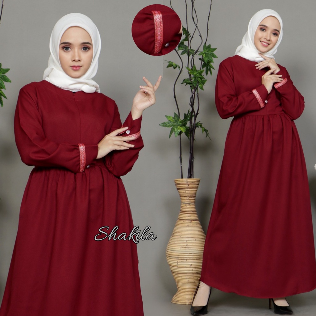 Gamis Terbaru Warna Maroon Polos Elegan dan Simple Dress Nabila MHDF07