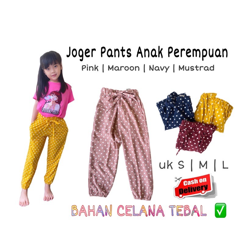 Premium Celana Panjang Jogger Anak Perempuan Cewek Pinggang Karet 3-10 Tahun Motif Polkadot Murah