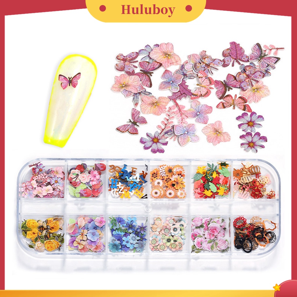Huluboy Huluboy♡ 1 Kotak Stiker Kuku 3D Motif Kupu-Kupu Glitter 12 Warna Untuk Manicure