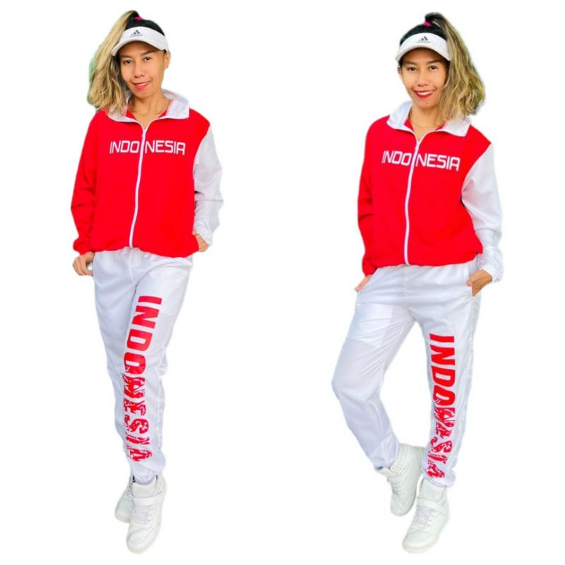 setelan olahraga wanita edisi merah putih/ baju senam model jaket parasut wanita merah putih