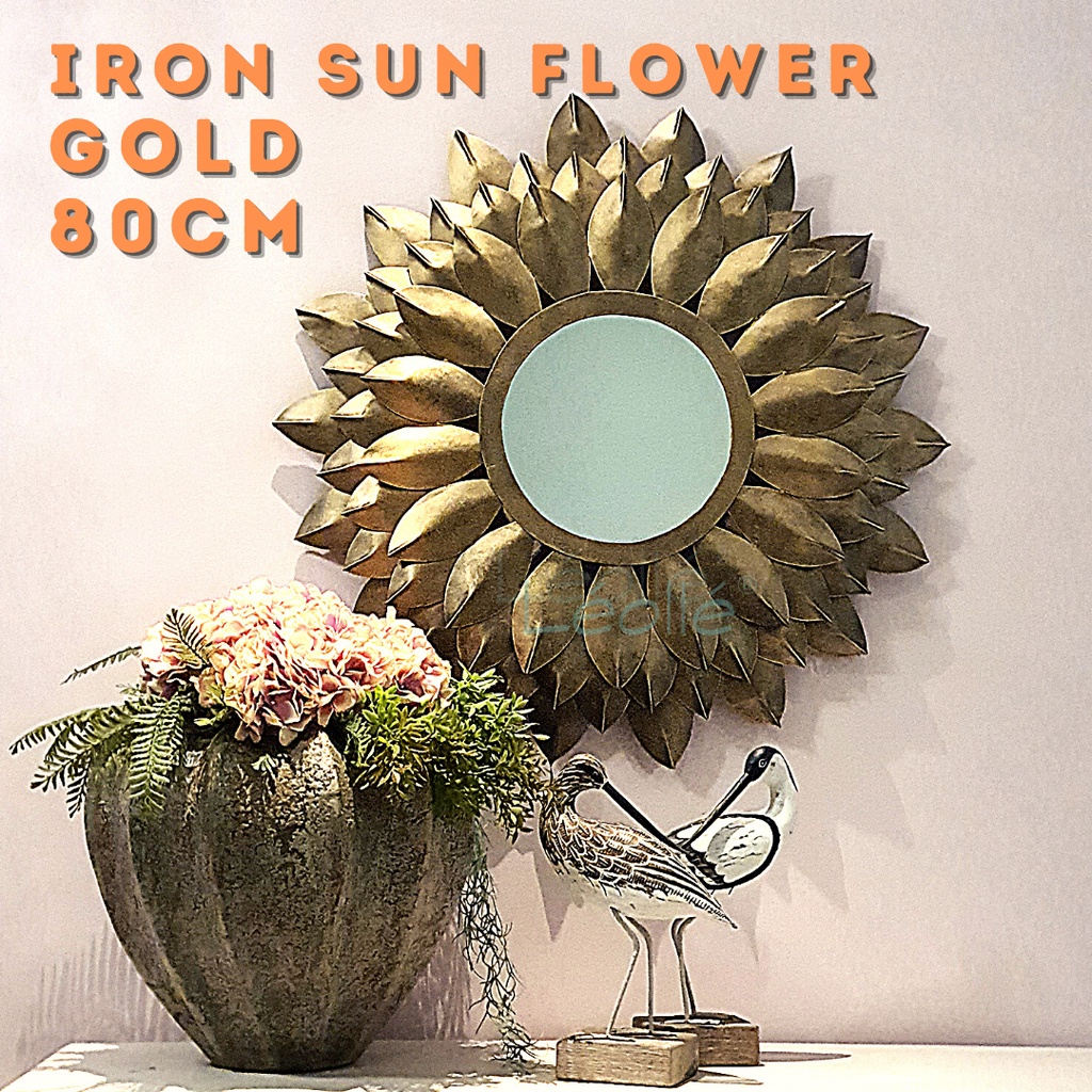 Leolle Hiasan Dinding Cermin Dinding Metal Sun Flower 80cm - Gold