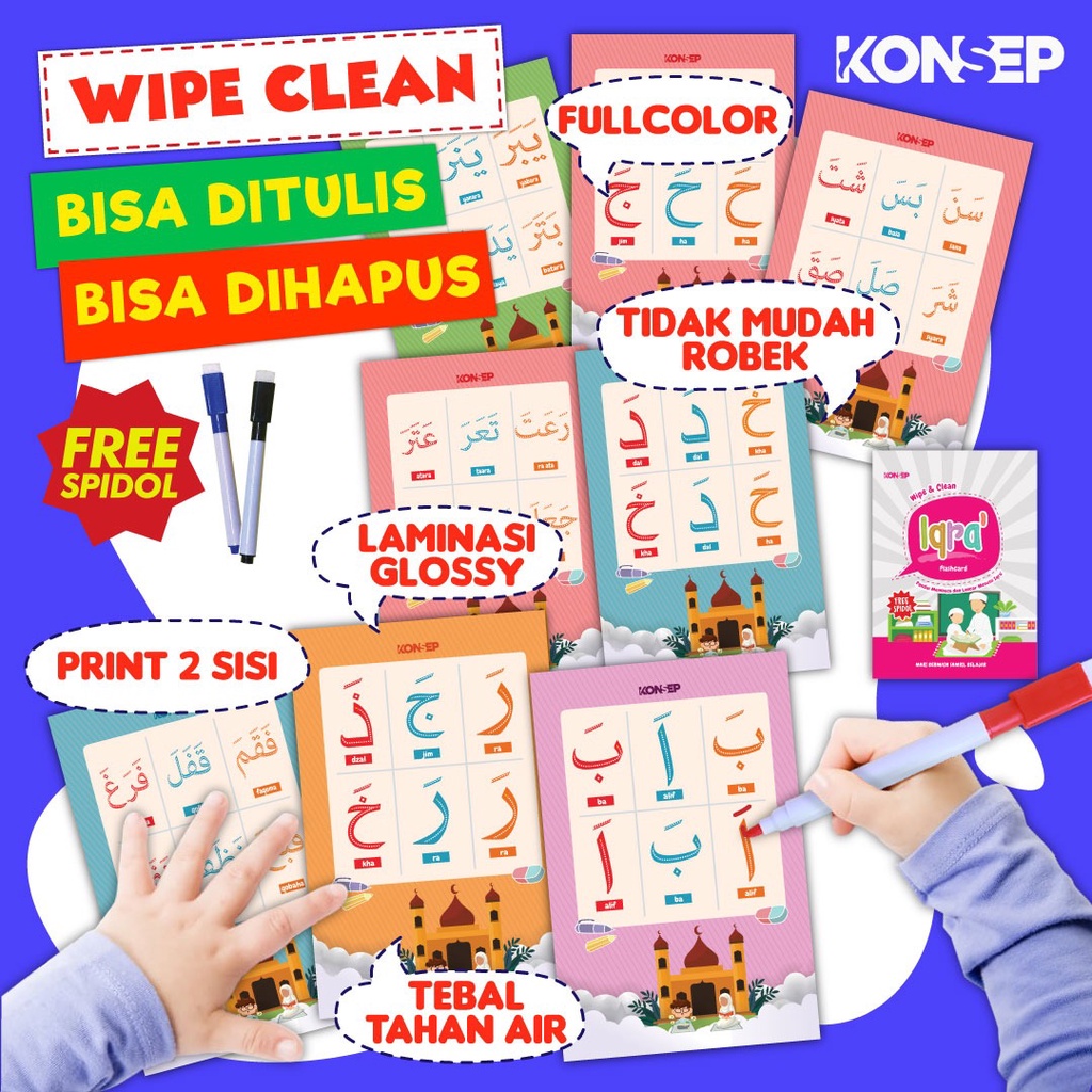 [FREE SPIDOL] Konsep Flashcard Wipe and Clean Iqro' / Flash Card / Mainan Edukasi