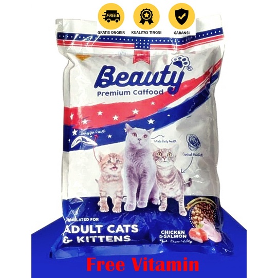 Makanan Kucing BEAUTY 500gr Free Vitamin Premium Quality Dewasa &amp; Kitten Dry Food Pakan Kering Pelet