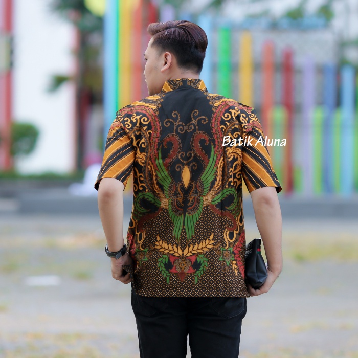 Batik Pria Lengan Pendek Premium Modern Reguler Baju Kemeja Atasan Batik Seragam Pria Laki Laki Cowok Full Furing Koko Kombinasi Lengan Pendek Slim Fit full Puring Kekinian BATIK ALUNA S M L XL XXL XXXL