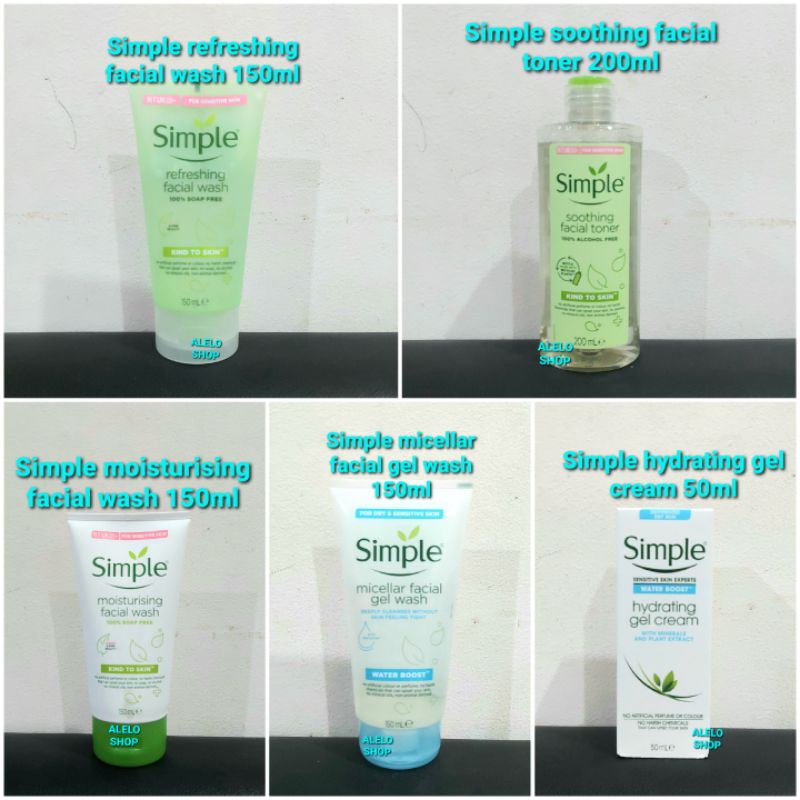 Simple kind to skin toner 200 hydrating light moisturiser gel cream 50 micellar facial gel wash 150m