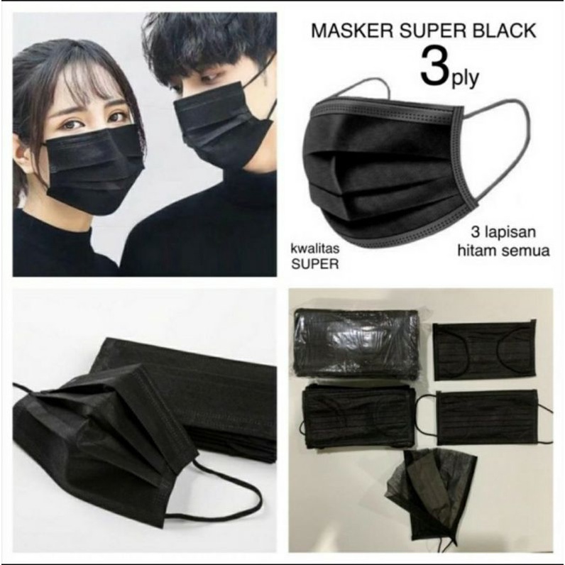 Masker Hitam Black 3ply isi 50pcs Depan Belakang Hitam Full Black Tebal