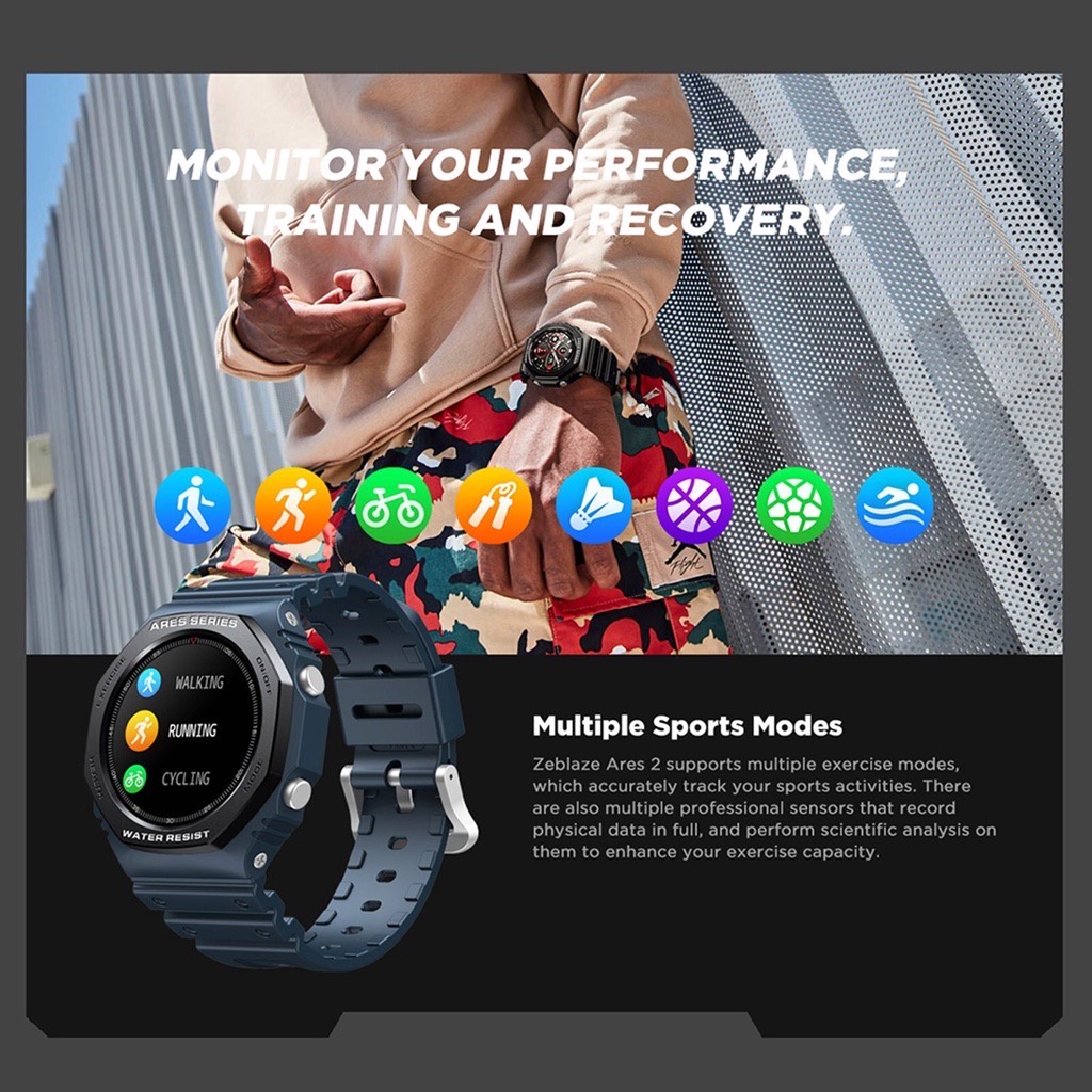 Zeblaze ARES 2 Rugged Fashion Smartwatch Waterproof 5 ATM SPo2 Sensor