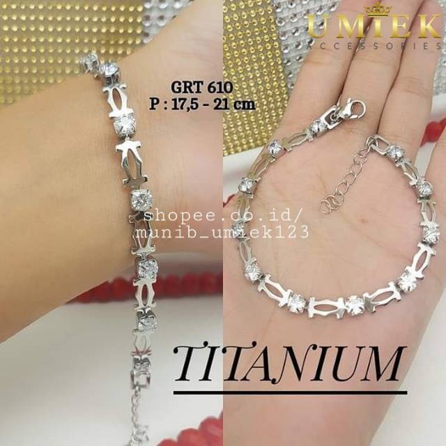 Gelang Titanium silver putih full diamond permata cewek wanita cewe perempuan asli original ori