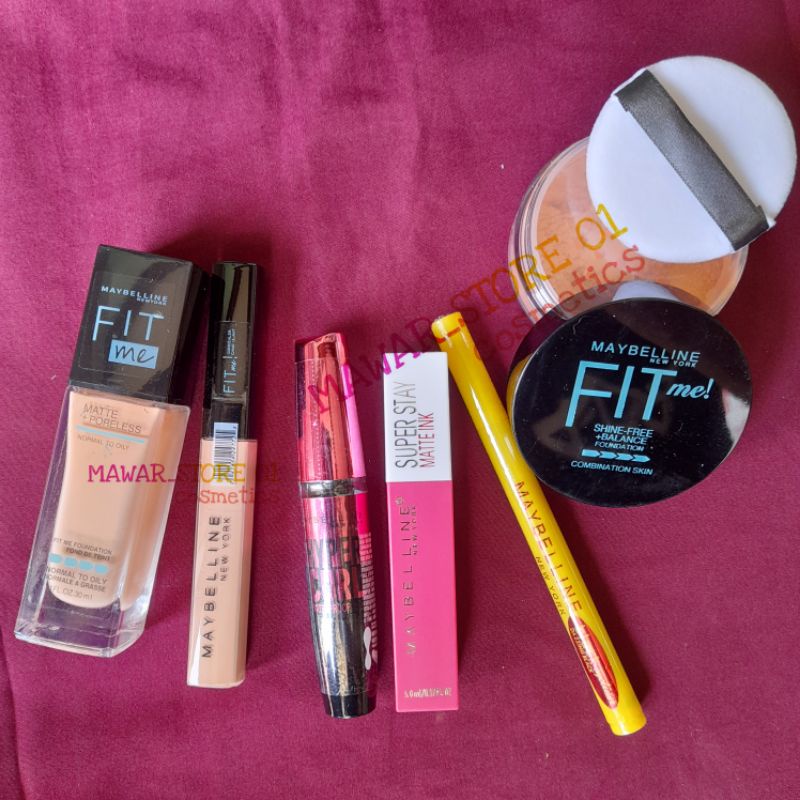 Paket Kosmetik Maybelline Fit Me Bedak Tabur + Fondation + Concealer + Mascara + Eyeliner + Lipcream / Paket Make up Lengkap