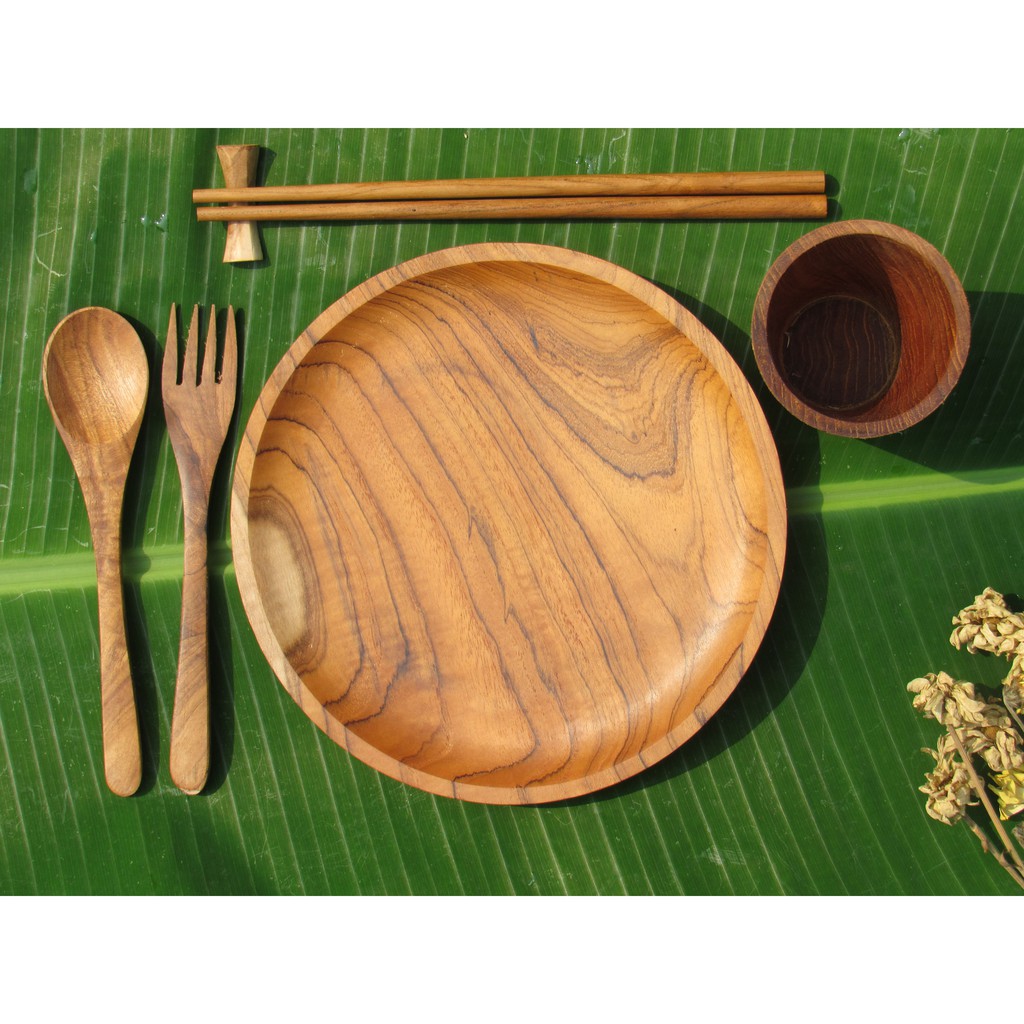 Piring Set Jati dijual Terpisah, Piring, Gelas, Sendok, Garpu, Sumpit Kayu Jati Finishing Foodgrade