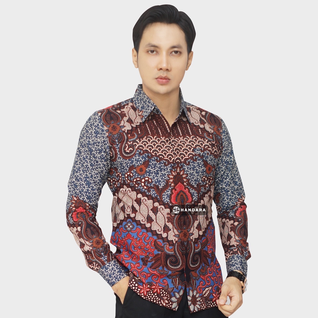 Baju Kemeja Batik Pria Lengan Panjang Slim Fit Premium Modern Full Furing Katun Halus Original Handara Motif Wishaka Biru Pink HB-189