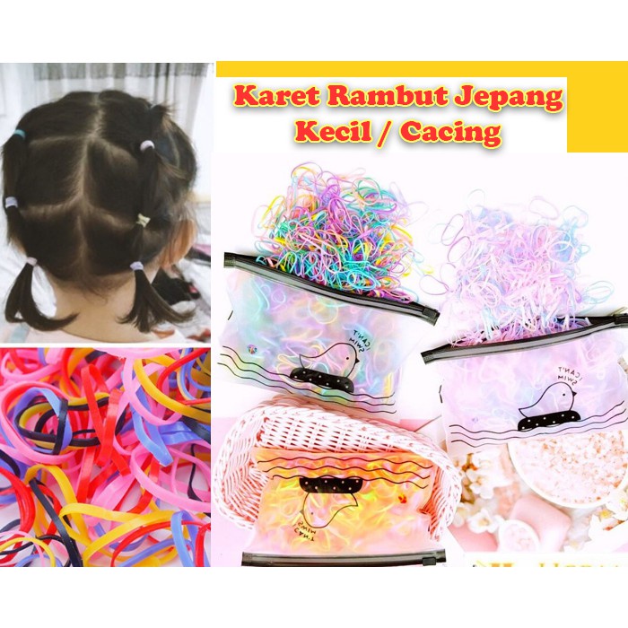 (NCS) Karet Rambut JEPANG POUCH 1000 Pcs Ikat Rambut Polos Gel Elastis Gaya Unyil Mini Size S Cacing Anak colorful