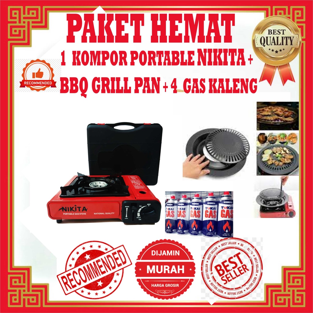 TERMURAH KOMPOR GAS PORTABLE  NIKITA 1 TUNGKU 2 in 1 GAS LPG / GAS KALENG + 1 GRILL PAN + 4 GAS KALE